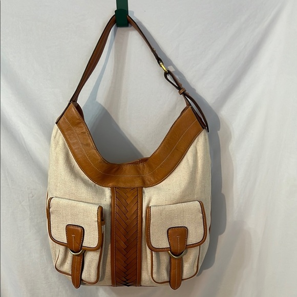 Cole Haan Vintage Stylish Tan Leather Cream Canvas Women's Bag Satchel Weekender - Picture 1 of 7